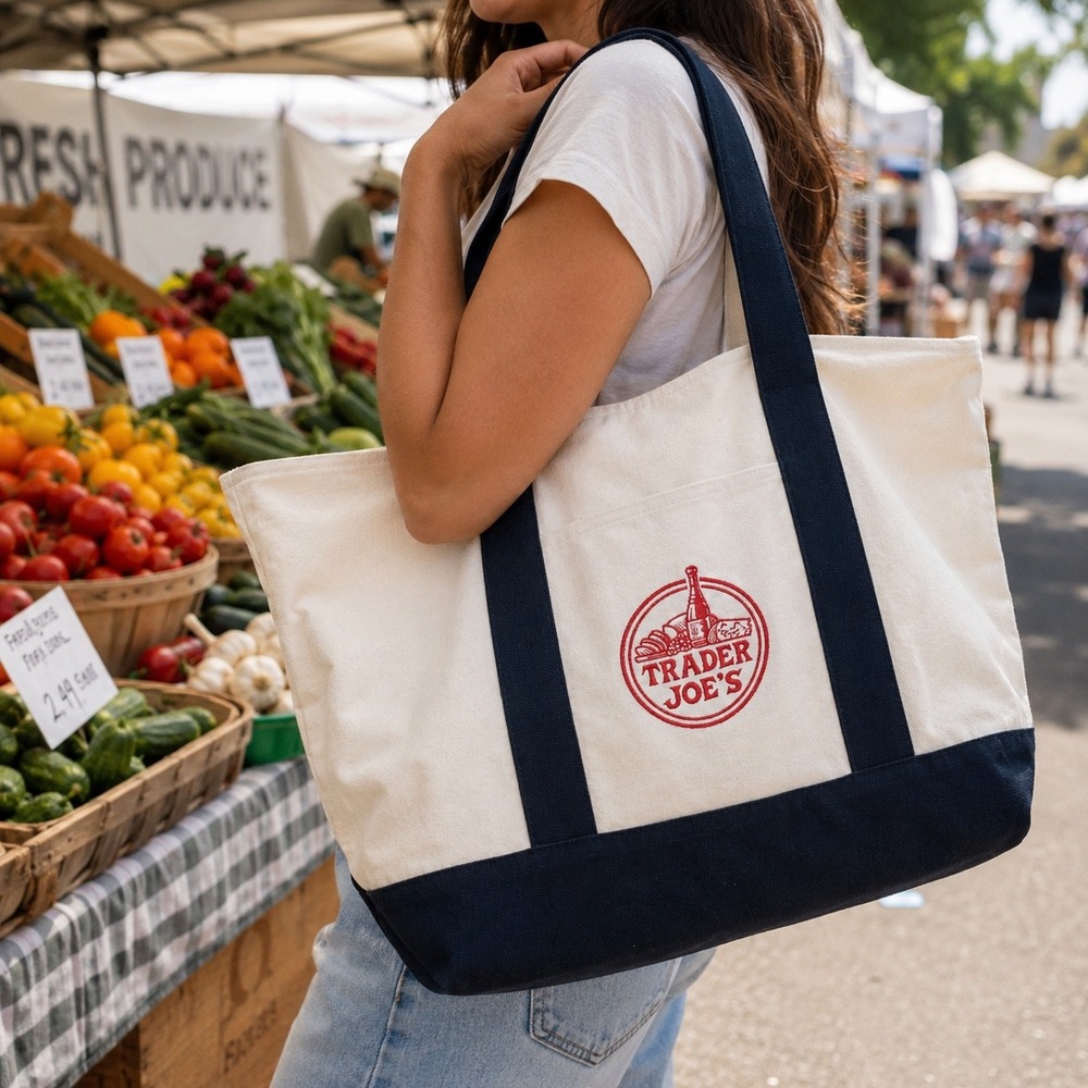 Trader Joe's Canvas Boat Tote Bag Embroidered Logo Navy Natural